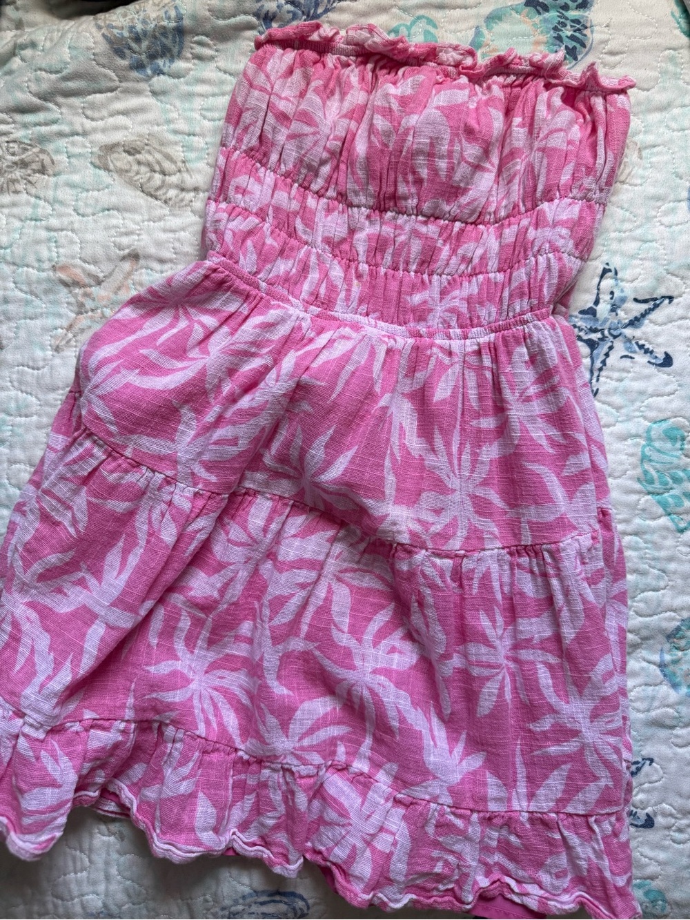 Sky to Moon Pink Strapless Tiered Summer Dress with White Leaf Print